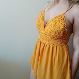 Yellow gold crochet romper, size small‎